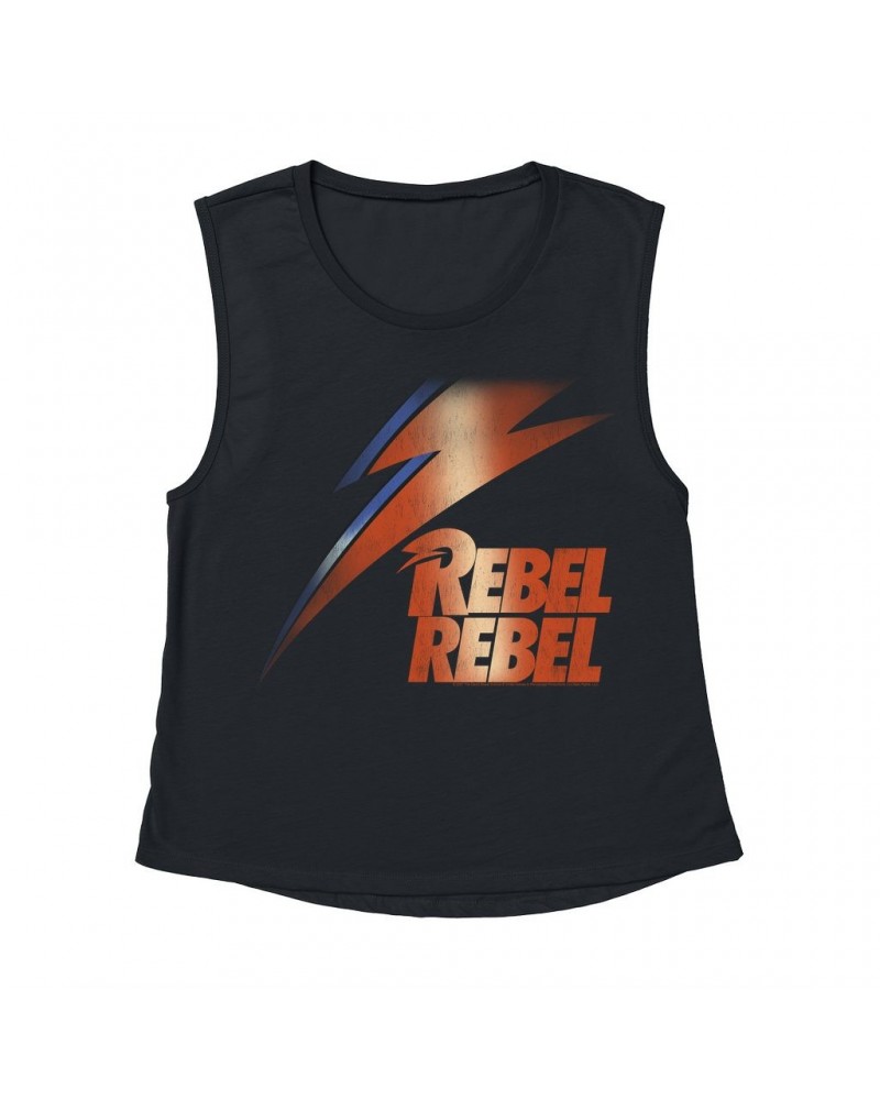 David Bowie Ladies' Muscle Tank Top | Rebel Rebel And Lightning Bolt Design Distressed Shirt $14.17 Shirts