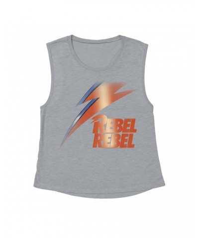 David Bowie Ladies' Muscle Tank Top | Rebel Rebel And Lightning Bolt Design Distressed Shirt $14.17 Shirts