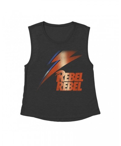 David Bowie Ladies' Muscle Tank Top | Rebel Rebel And Lightning Bolt Design Distressed Shirt $14.17 Shirts