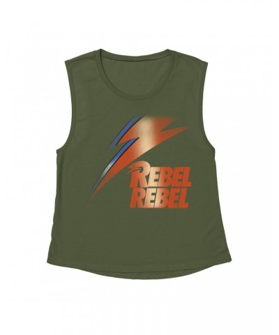 David Bowie Ladies' Muscle Tank Top | Rebel Rebel And Lightning Bolt Design Distressed Shirt $14.17 Shirts