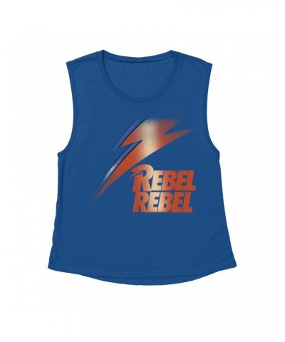 David Bowie Ladies' Muscle Tank Top | Rebel Rebel And Lightning Bolt Design Distressed Shirt $14.17 Shirts