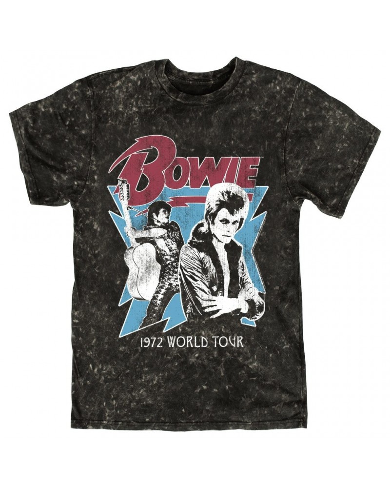 David Bowie T-shirt | 1972 World Tour Blue Design Distressed Mineral Wash Shirt $14.38 Shirts