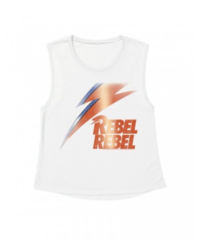 David Bowie Ladies' Muscle Tank Top | Rebel Rebel And Lightning Bolt Design Distressed Shirt $14.17 Shirts