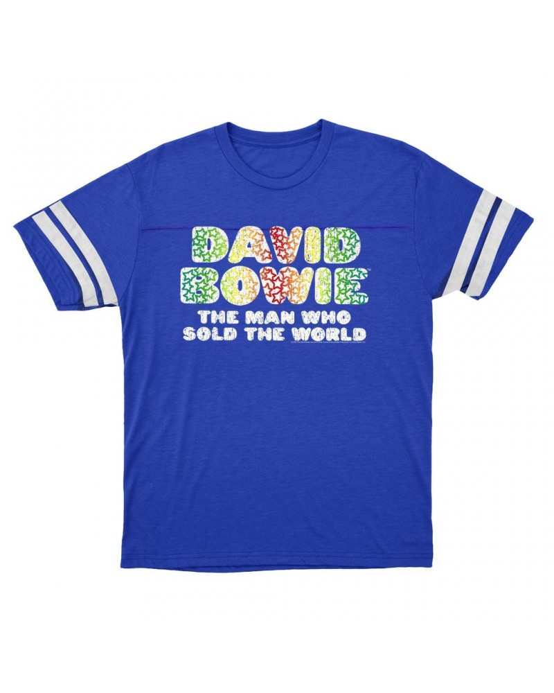 David Bowie T-Shirt | Rainbow Funky The Man Who Sold The World Logo Distressed Football Shirt $15.16 Shirts