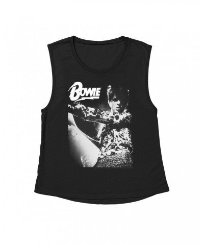 David Bowie Ladies' Muscle Tank Top | Bowie Logo And Photo In White Shirt $11.20 Shirts