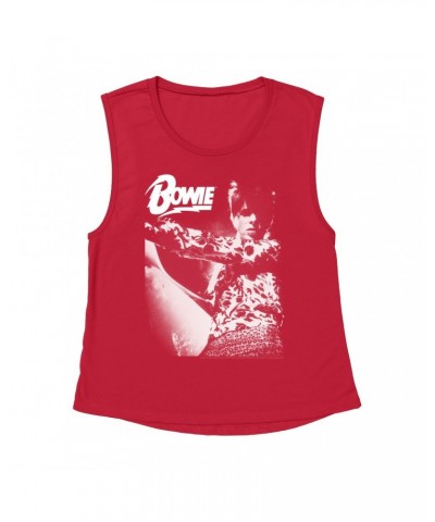 David Bowie Ladies' Muscle Tank Top | Bowie Logo And Photo In White Shirt $11.20 Shirts