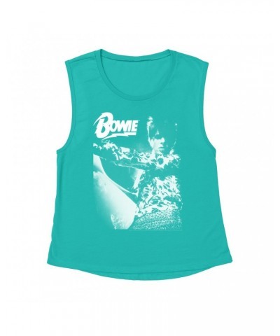 David Bowie Ladies' Muscle Tank Top | Bowie Logo And Photo In White Shirt $11.20 Shirts